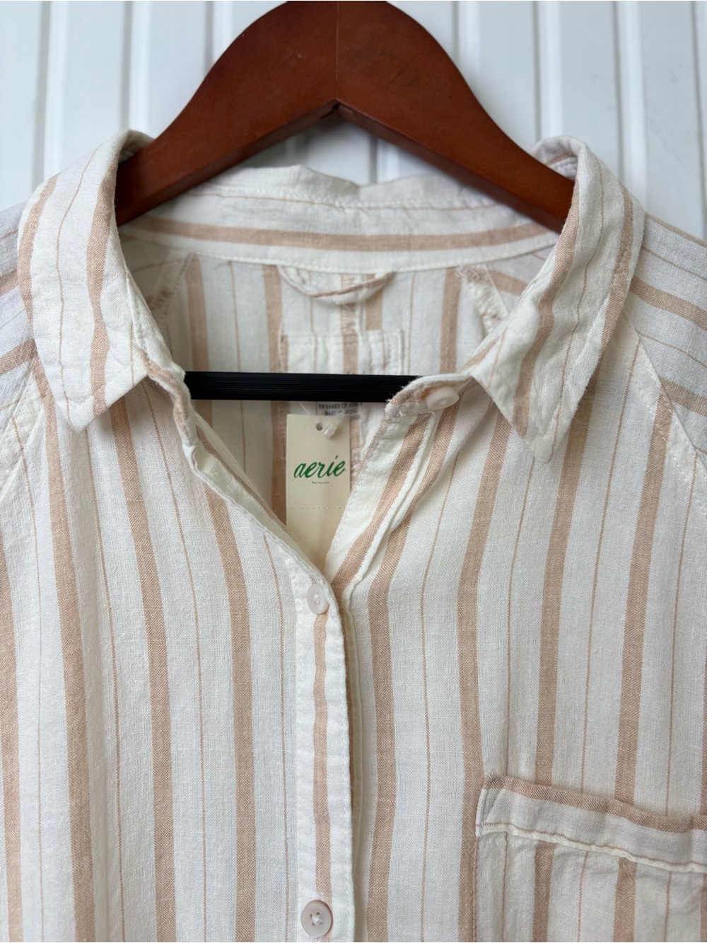 Aerie Women’s Button Down Linen Blend Shirt Striped Oversized XS Coastal Breezy - Picture 2 of 15